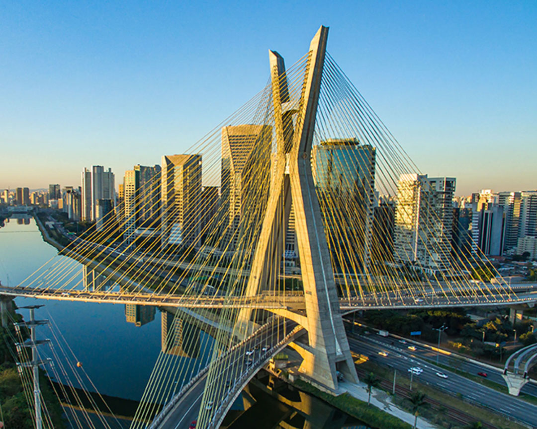 Concrete bridge and city skyline